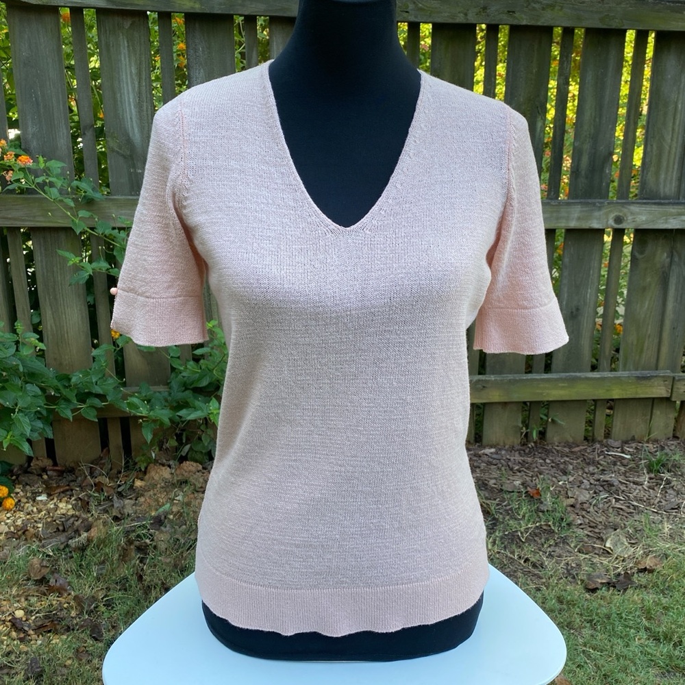 ANN TAYLOR BLUSH PINK KNIT TOP | PETITE MEDIUM | FEMININE COQUETTE SWEATER